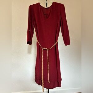 Laura Ashley Deep Red Long Sleeve Dress with Braided Belt